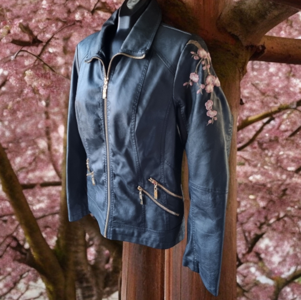 Marie Claire Boutiques Faux Leather Cherry Blossom Embroidered Jacket Size M